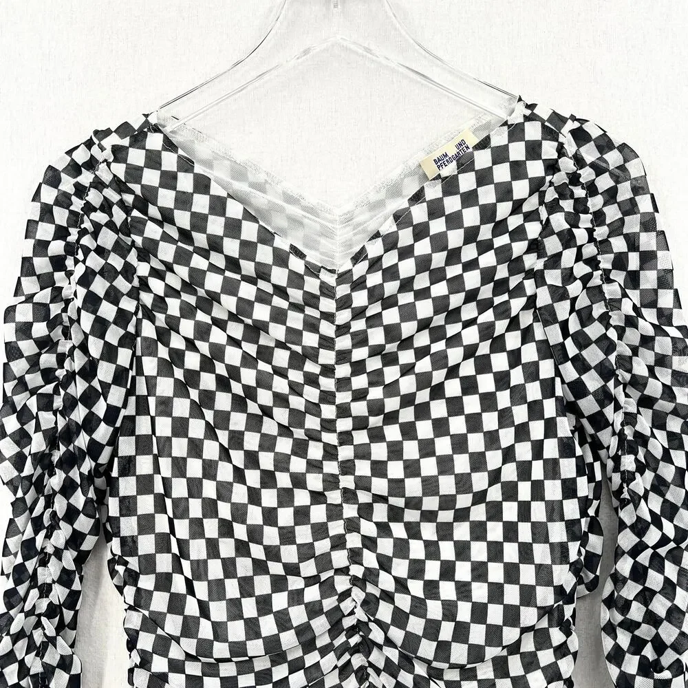 BAUM UND PFERDGARTEN Joselle Mesh Top Womens Medium Black White Check Stretch - Picture 7 of 16